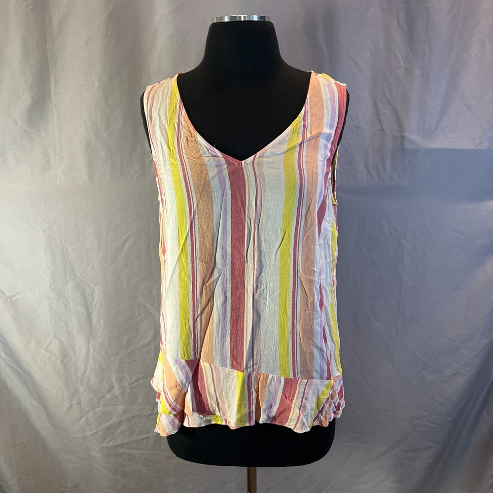 A.n.a A New Approach Tank Top Womens Large Multicolor Striped Ruffled Hem V Neck